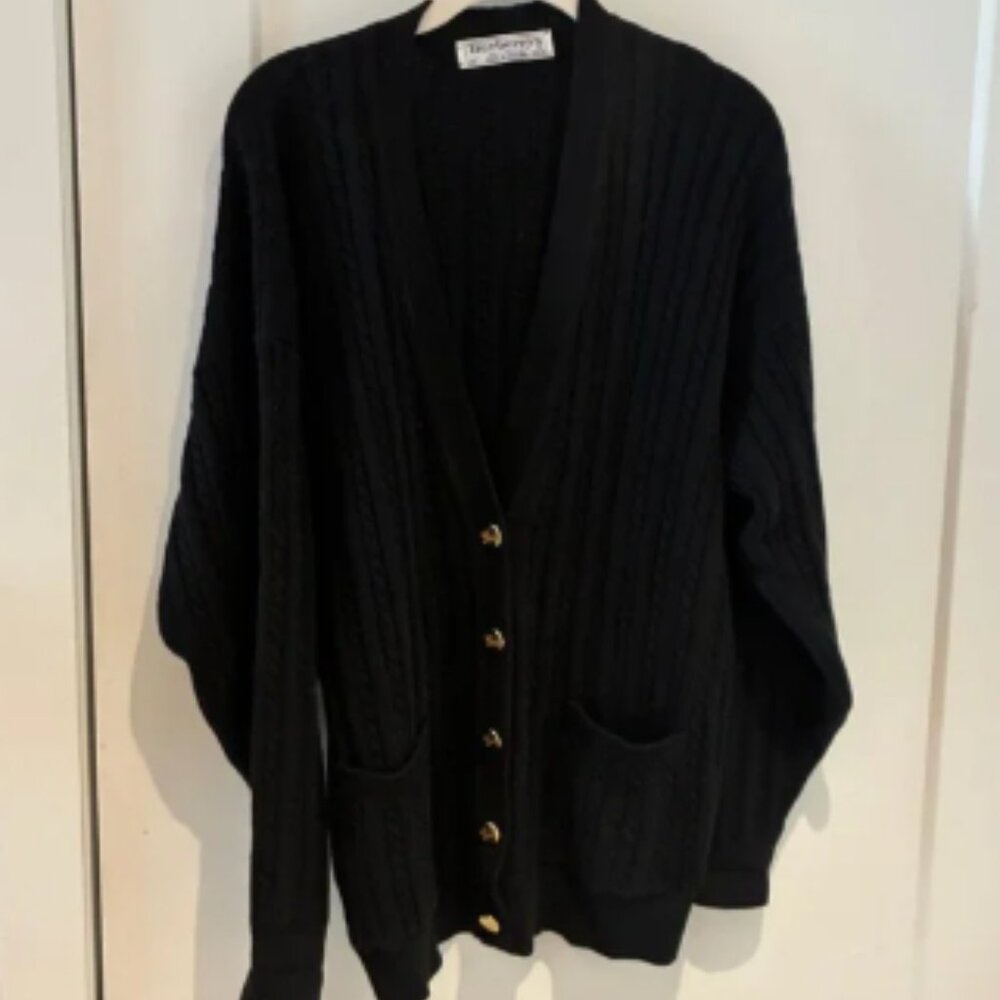 VTG Burberry Black Cable Knit Cardigan Sz 40